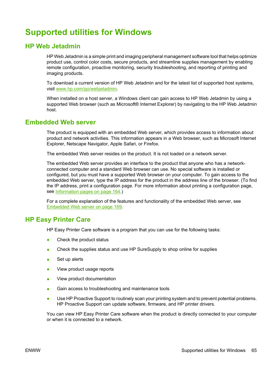 Supported utilities for windows, Hp web jetadmin, Embedded web server | Hp easy printer care | HP CM3530 User Manual | Page 79 / 302