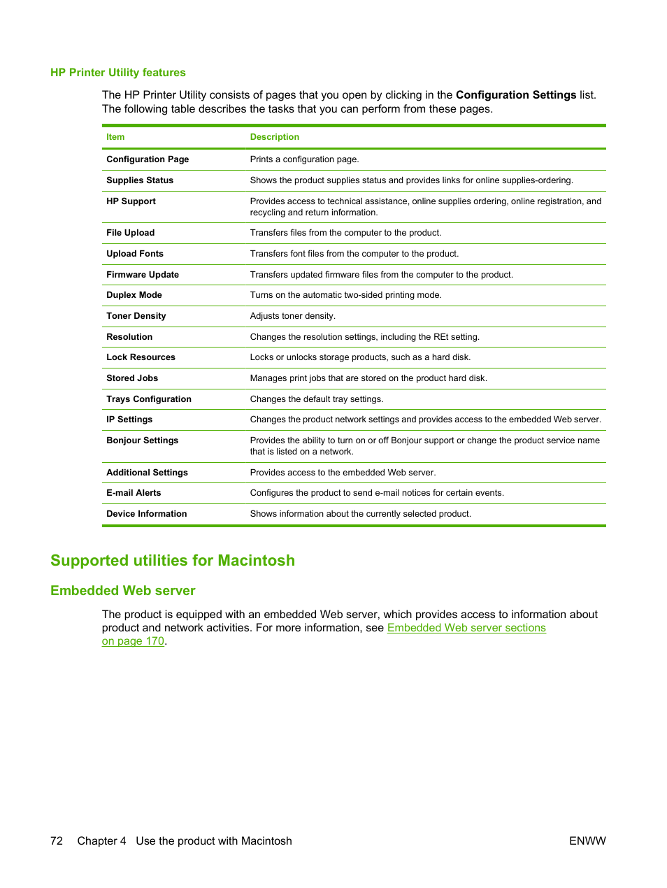 Hp printer utility features, Supported utilities for macintosh, Embedded web server | HP CM3530 User Manual | Page 86 / 302