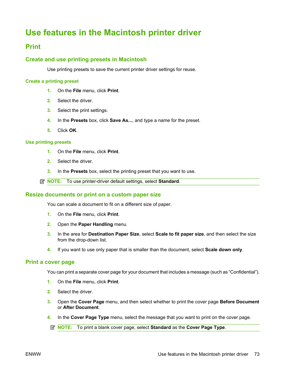 Use features in the macintosh printer driver, Print, Create and use printing presets in macintosh | Resize documents or print on a custom paper size | HP CM3530 User Manual | Page 87 / 302