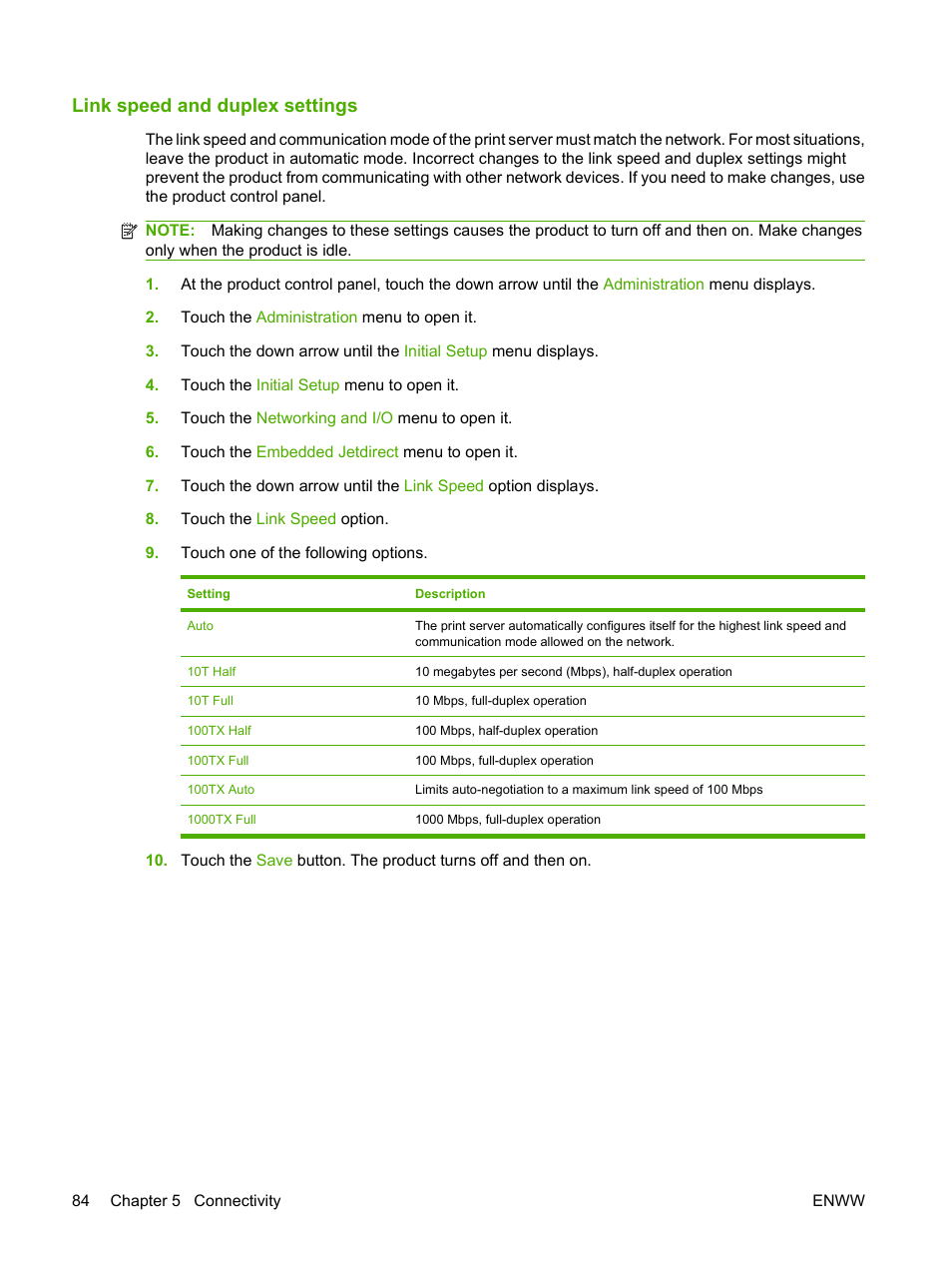 Link speed and duplex settings | HP CM3530 User Manual | Page 98 / 302
