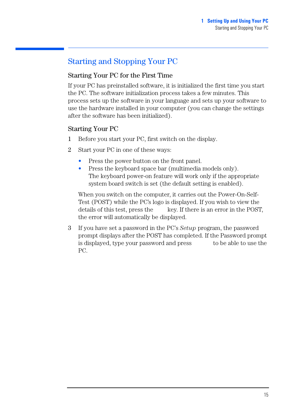 Starting and stopping your pc, Starting your pc for the first time, Starting your pc | HP VECTRA VL800 User Manual | Page 15 / 72