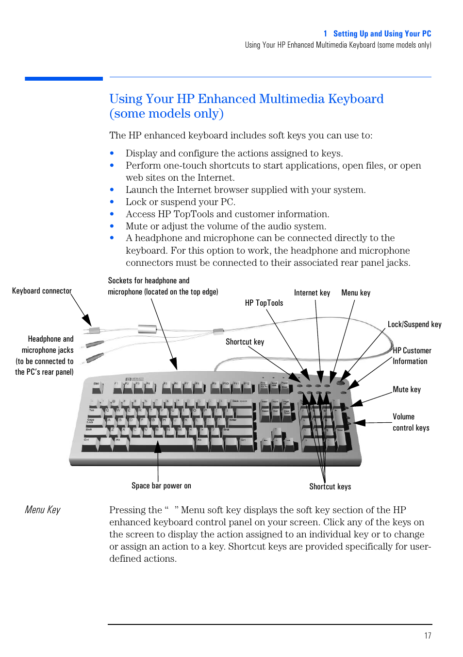 Using your hp enhanced multimedia keyboard, Some models only) | HP VECTRA VL800 User Manual | Page 17 / 72