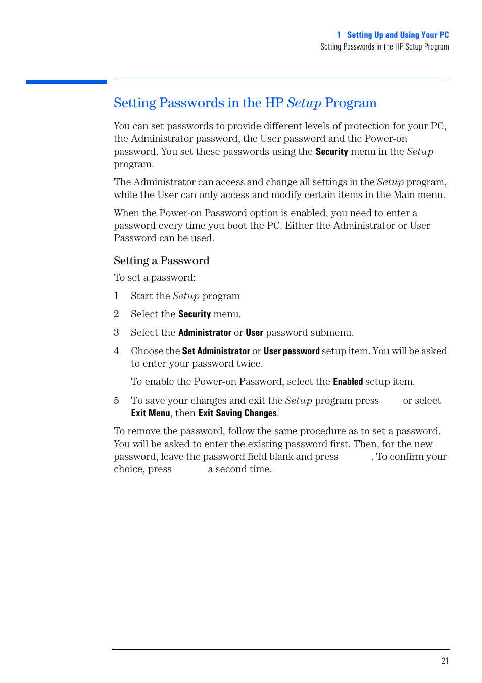 Setting passwords in the hp setup program, Setting a password | HP VECTRA VL800 User Manual | Page 21 / 72