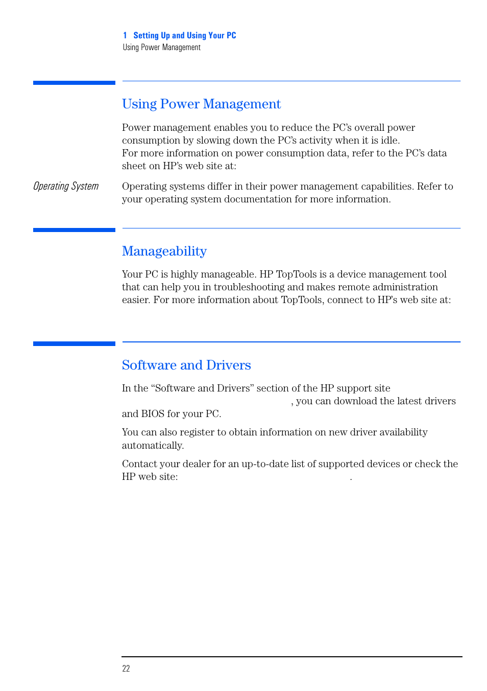 Using power management, Manageability, Software and drivers | HP VECTRA VL800 User Manual | Page 22 / 72