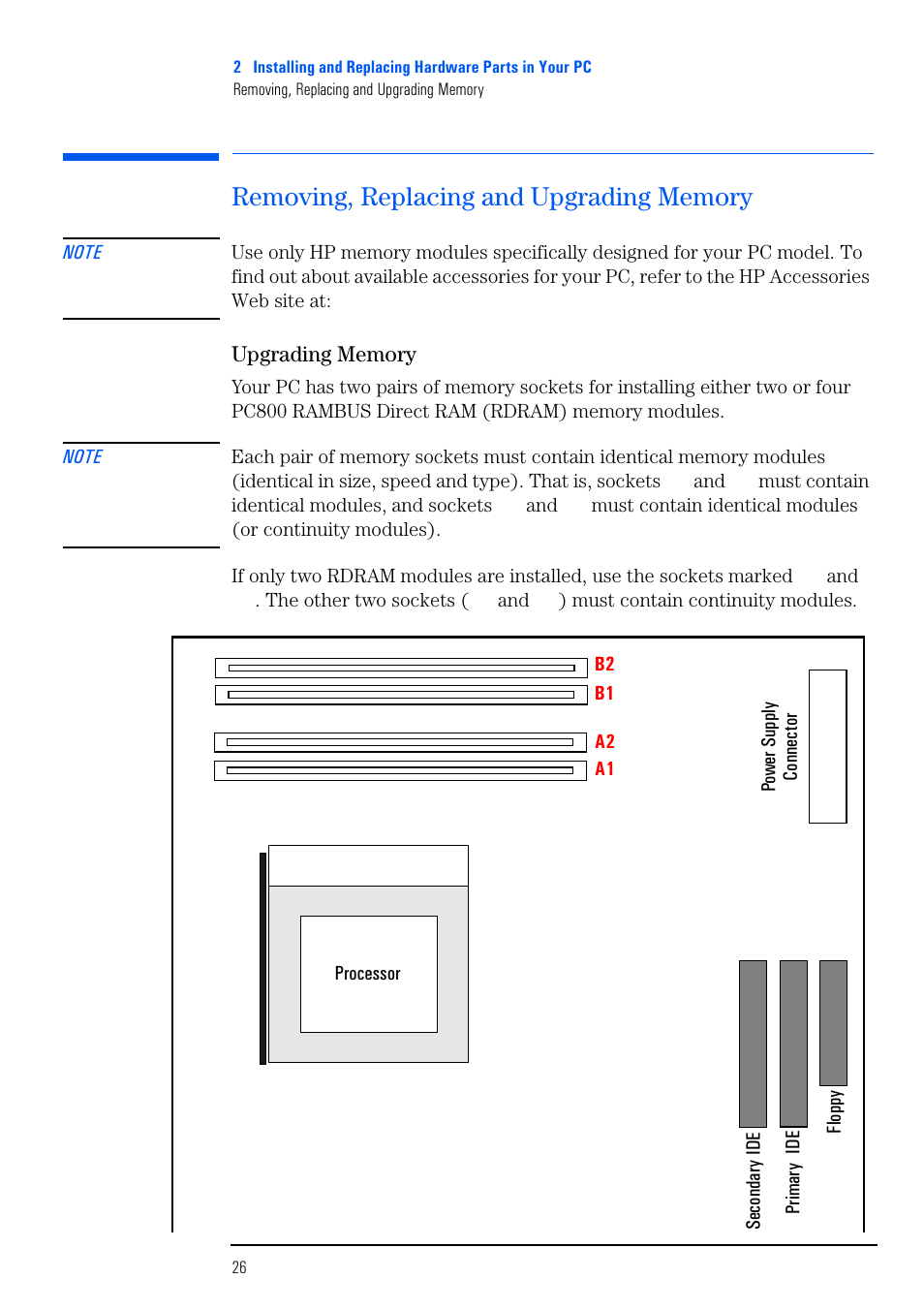 Removing, replacing and upgrading memory, Upgrading memory | HP VECTRA VL800 User Manual | Page 26 / 72