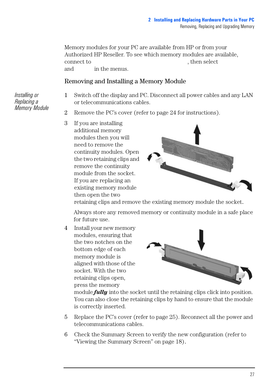 Removing and installing a memory module | HP VECTRA VL800 User Manual | Page 27 / 72