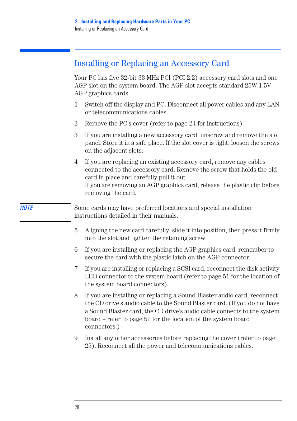 Installing or replacing an accessory card | HP VECTRA VL800 User Manual | Page 28 / 72