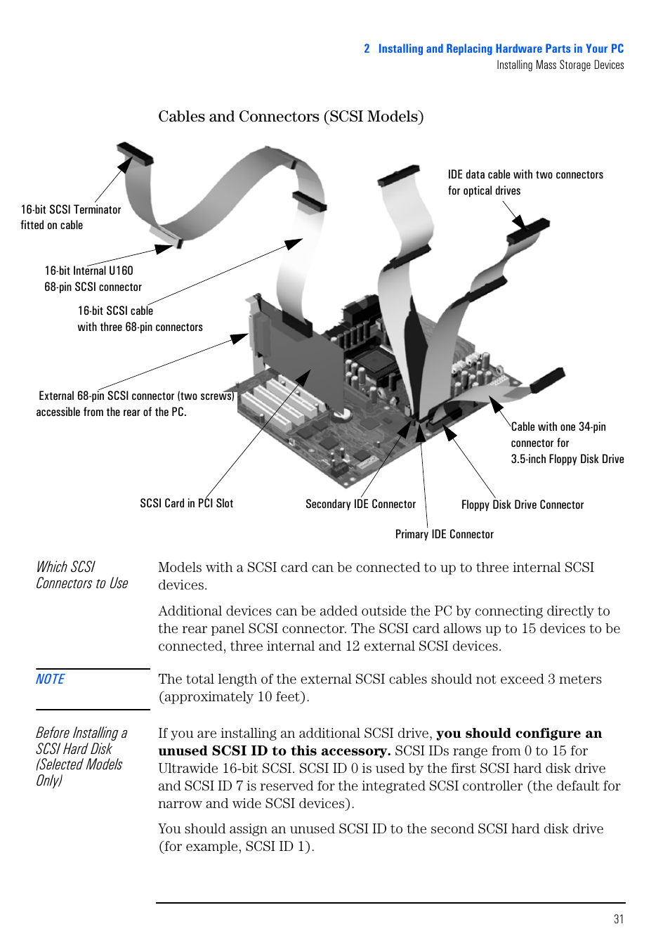 Cables and connectors (scsi models) | HP VECTRA VL800 User Manual | Page 31 / 72