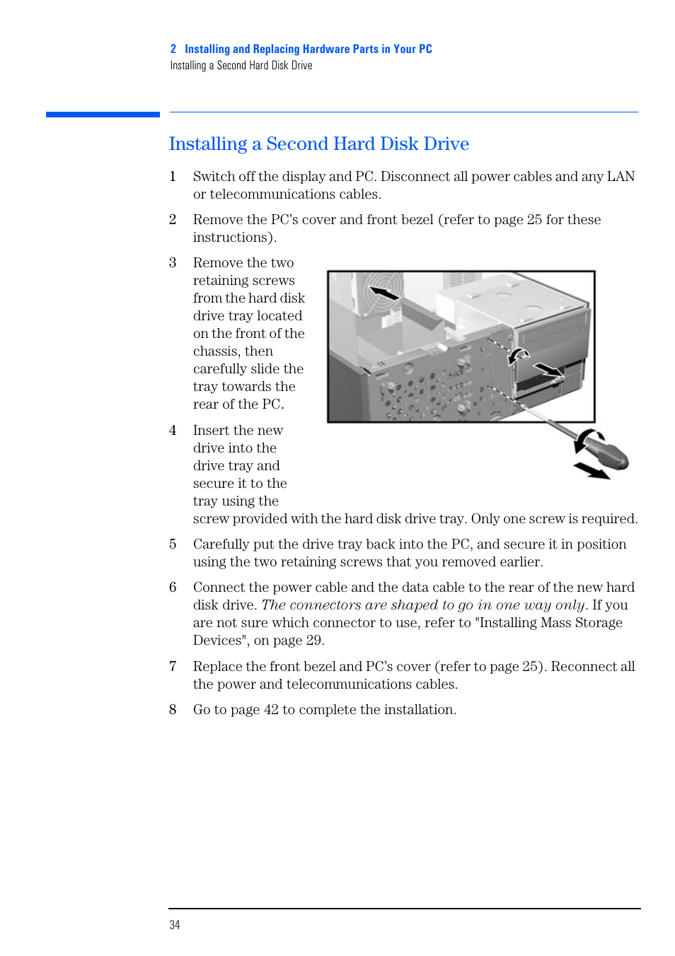 Installing a second hard disk drive | HP VECTRA VL800 User Manual | Page 34 / 72