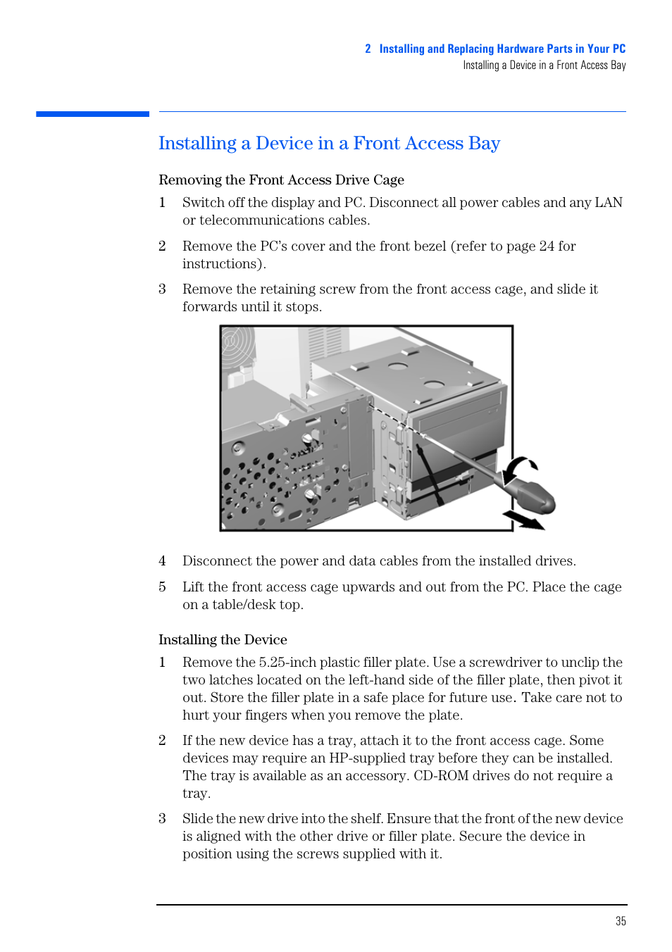 Installing a device in a front access bay | HP VECTRA VL800 User Manual | Page 35 / 72