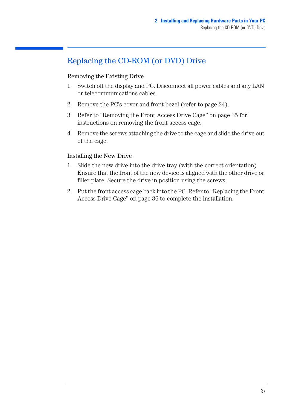 Replacing the cd-rom (or dvd) drive | HP VECTRA VL800 User Manual | Page 37 / 72