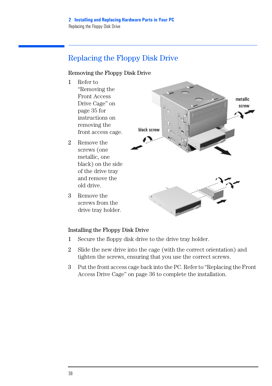 Replacing the floppy disk drive | HP VECTRA VL800 User Manual | Page 38 / 72