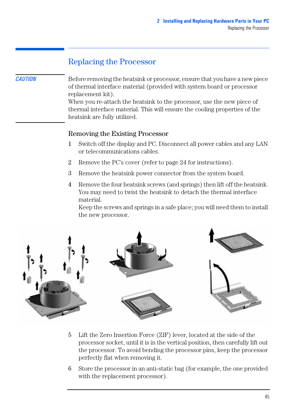 Replacing the processor, Removing the existing processor | HP VECTRA VL800 User Manual | Page 45 / 72