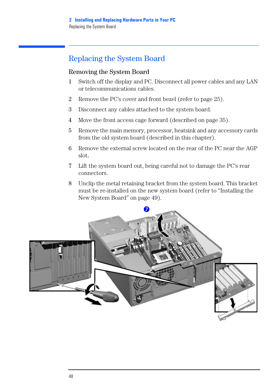 Replacing the system board, Removing the system board | HP VECTRA VL800 User Manual | Page 48 / 72