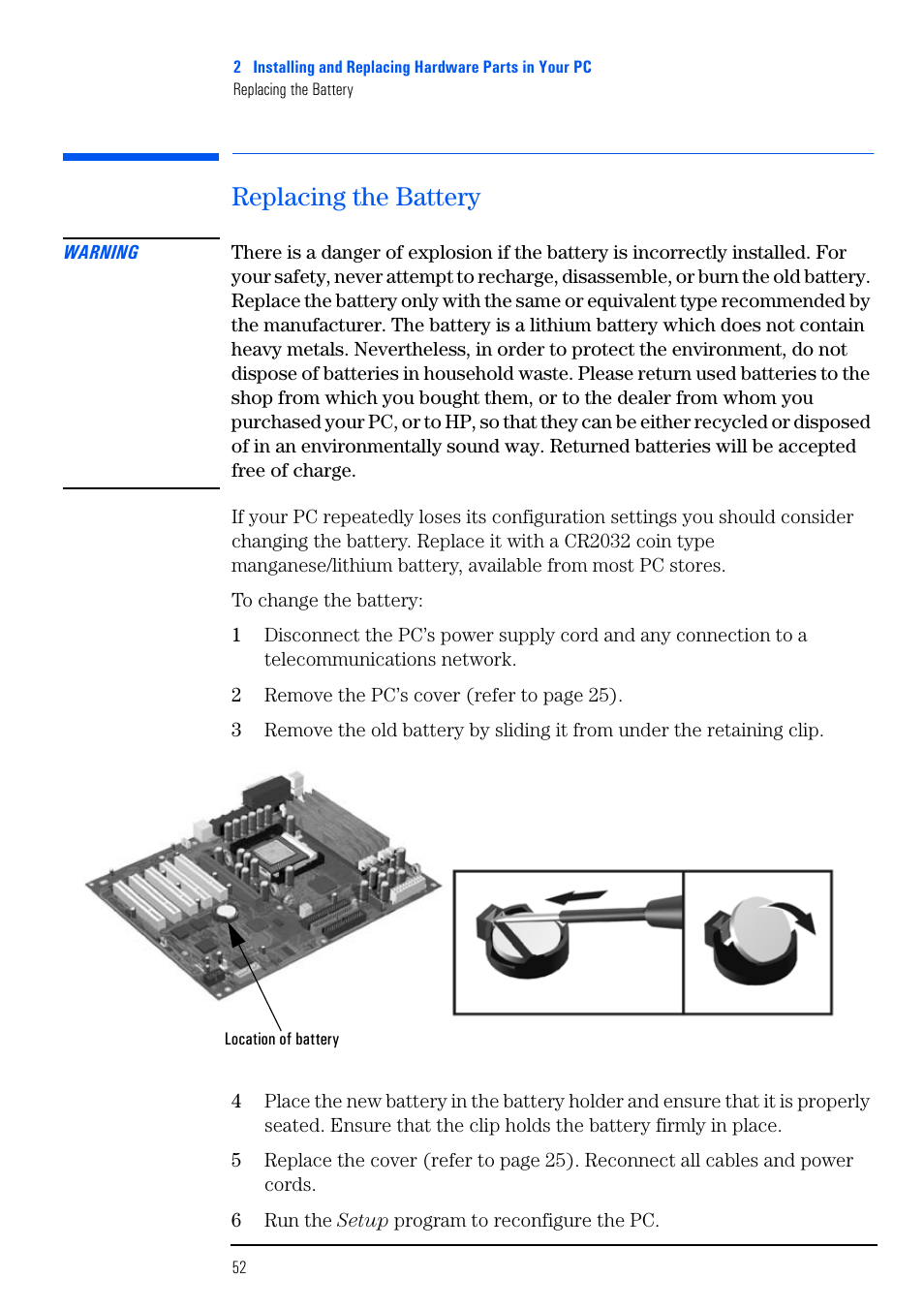 Replacing the battery | HP VECTRA VL800 User Manual | Page 52 / 72