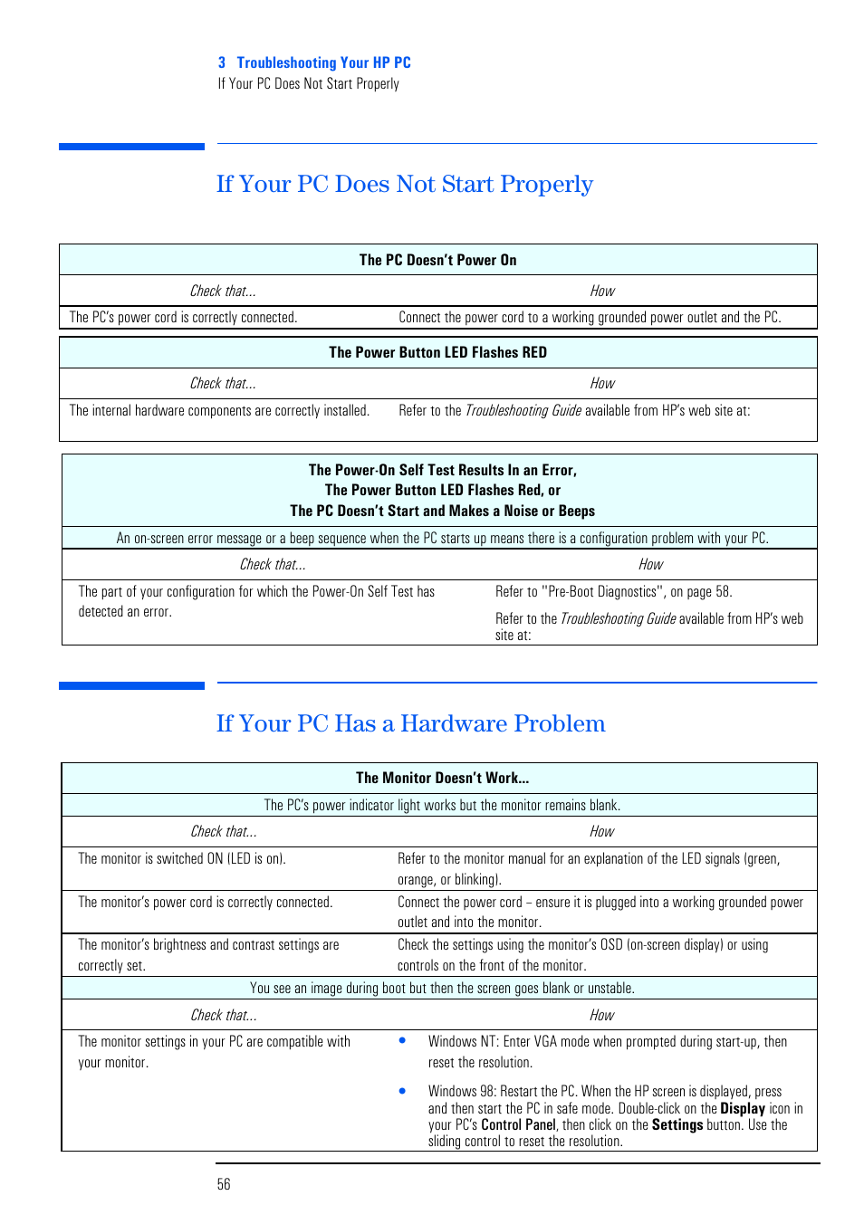 If your pc does not start properly, If your pc has a hardware problem | HP VECTRA VL800 User Manual | Page 56 / 72