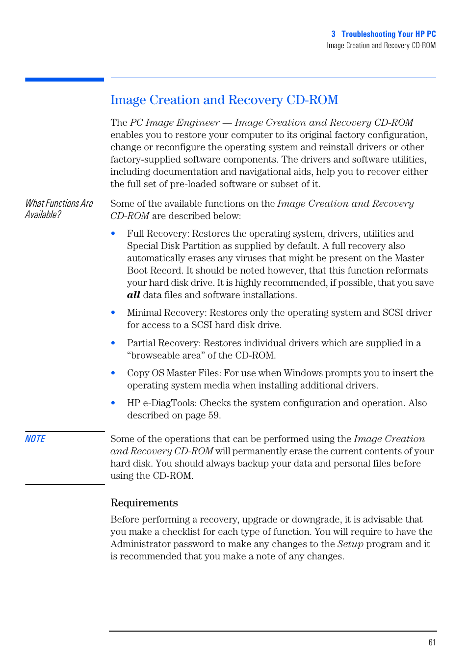 Image creation and recovery cd-rom, Requirements | HP VECTRA VL800 User Manual | Page 61 / 72