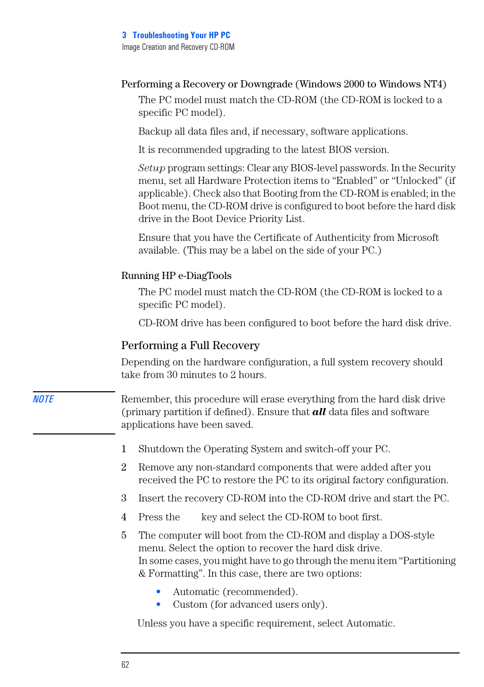 Performing a full recovery | HP VECTRA VL800 User Manual | Page 62 / 72