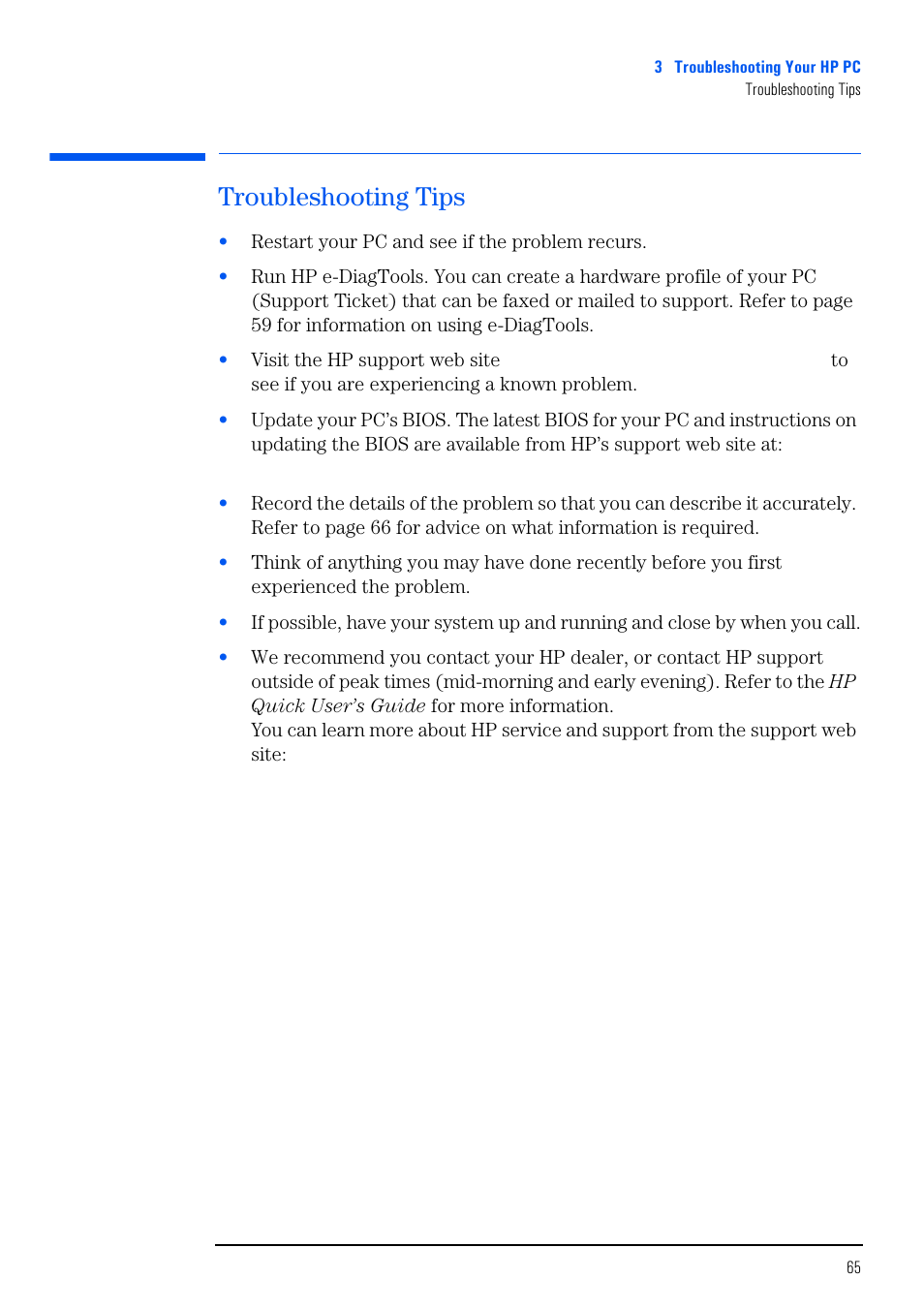 Troubleshooting tips | HP VECTRA VL800 User Manual | Page 65 / 72