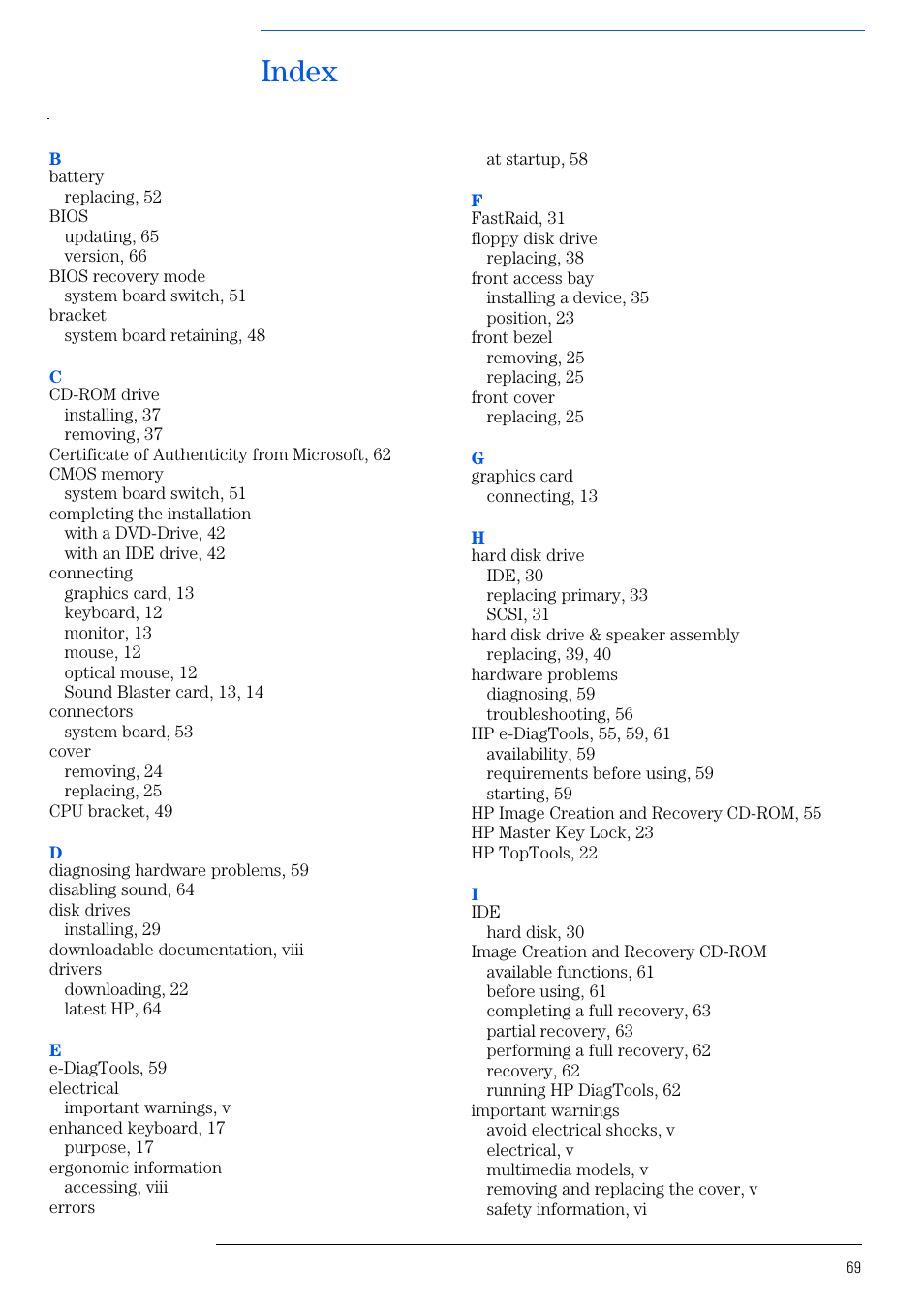 Index | HP VECTRA VL800 User Manual | Page 69 / 72