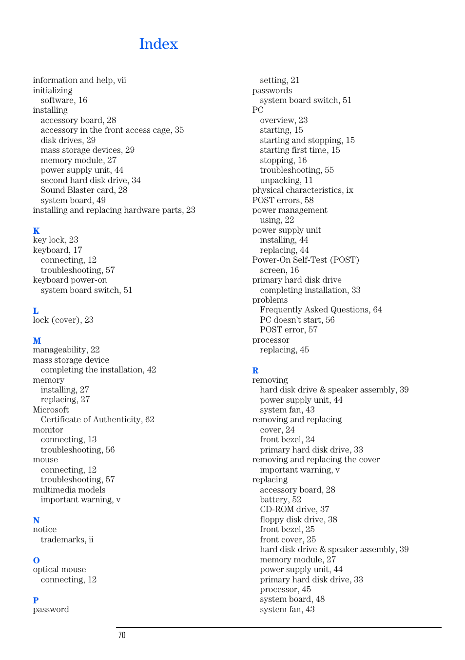 Index | HP VECTRA VL800 User Manual | Page 70 / 72