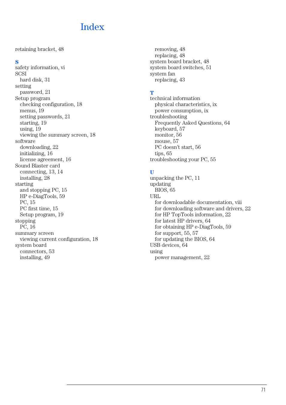 Index | HP VECTRA VL800 User Manual | Page 71 / 72