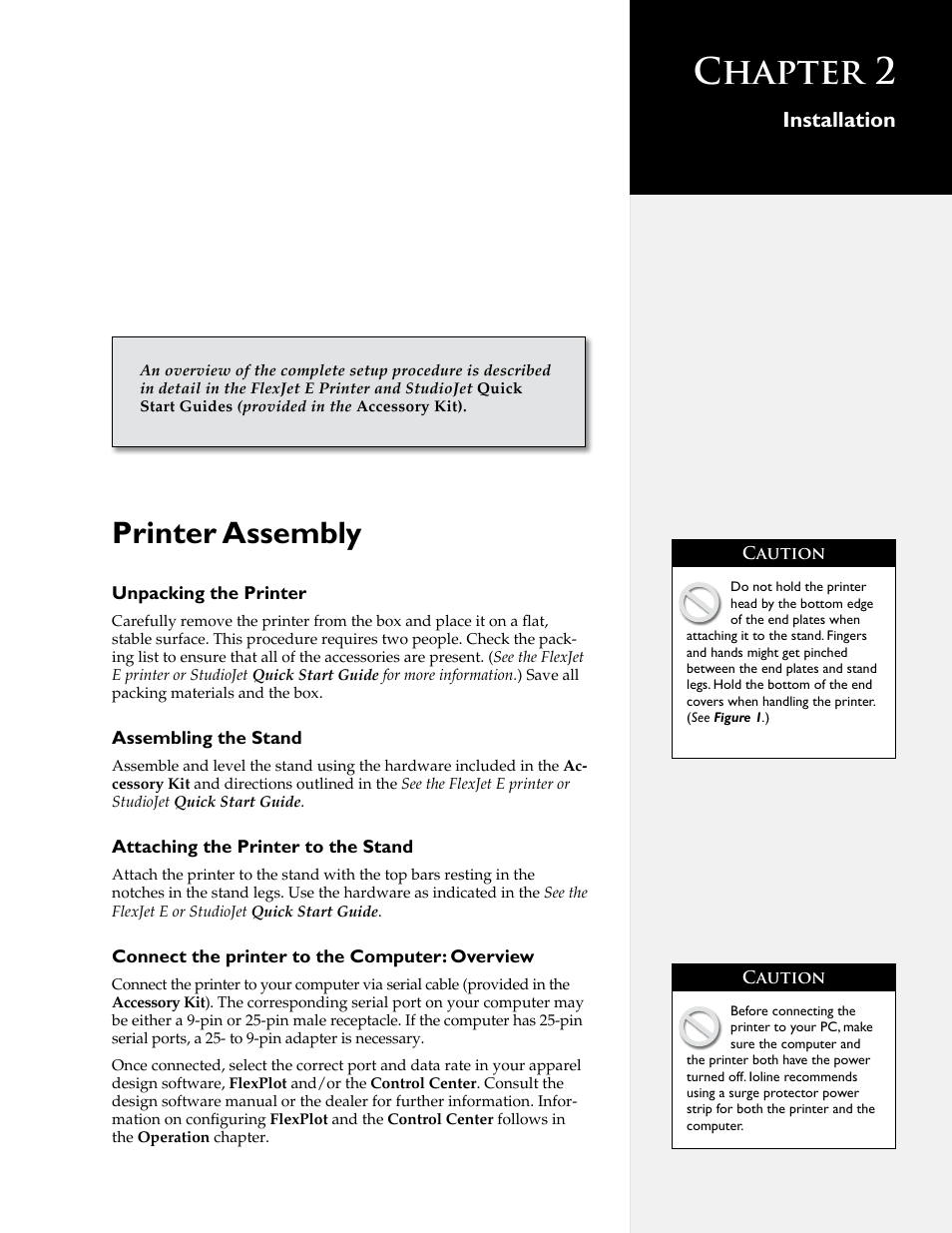 Chapter 2, Printer assembly, Installation | HP StudioJet User Manual | Page 15 / 71