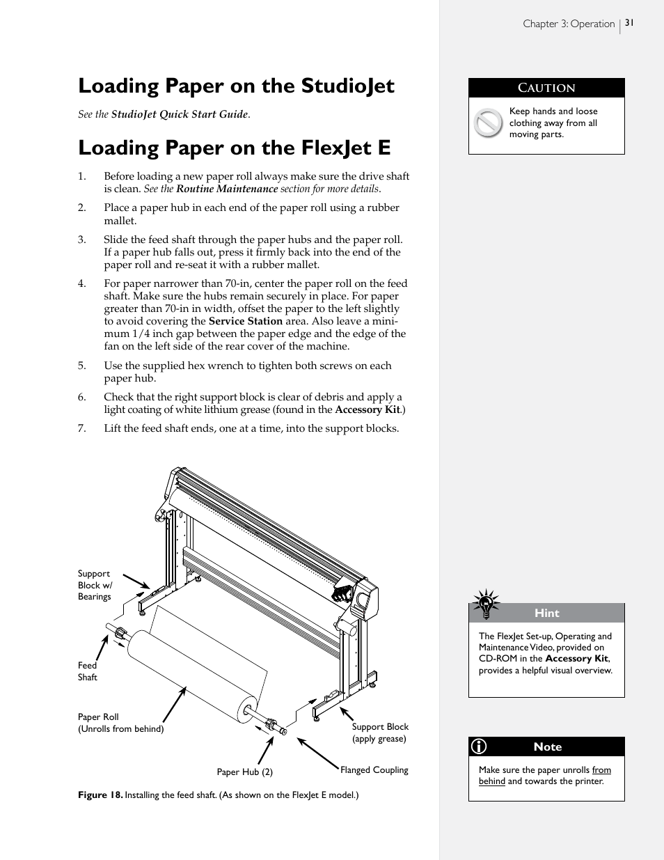 Loading paper on the studiojet, Loading paper on the flexjet e | HP StudioJet User Manual | Page 29 / 71