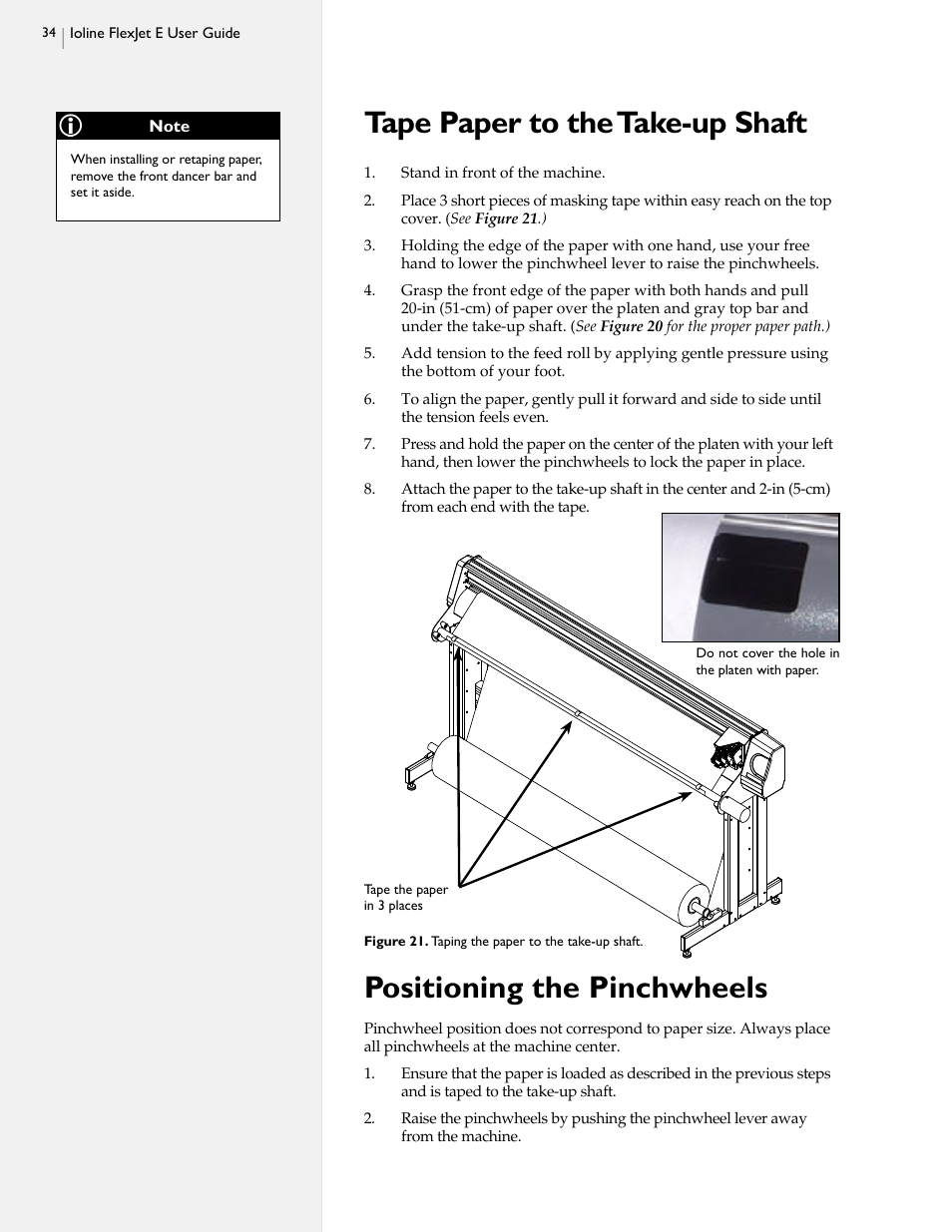 Tape paper to the take-up shaft, Positioning the pinchwheels | HP StudioJet User Manual | Page 32 / 71