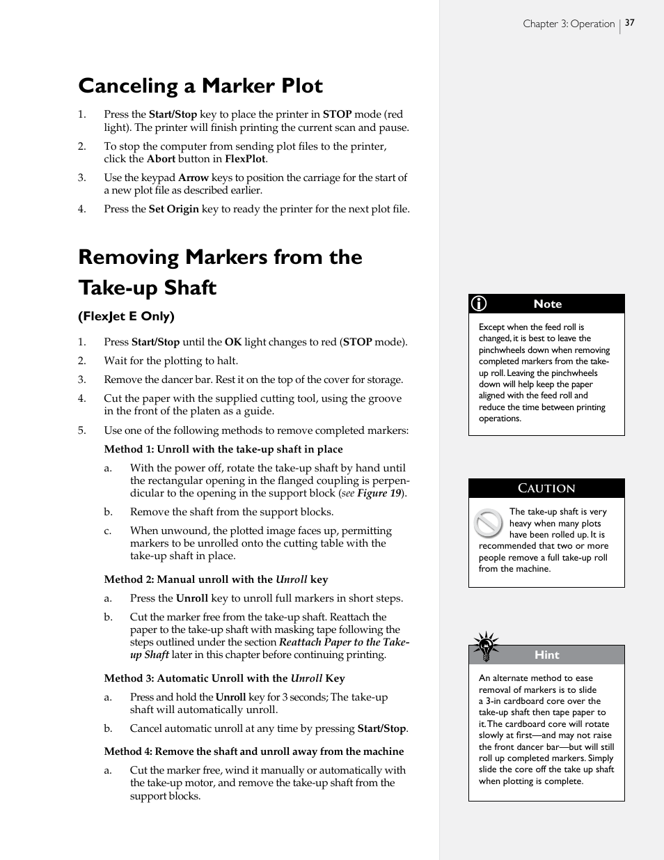 Canceling a marker plot, Removing markers from the take-up shaft | HP StudioJet User Manual | Page 35 / 71