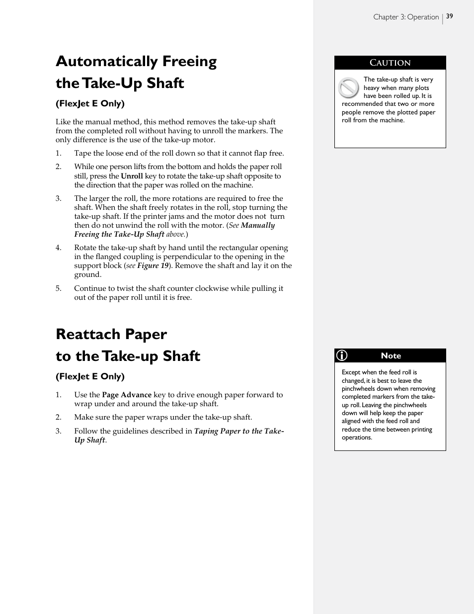 Automatically freeing the take-up shaft, Reattach paper to the take-up shaft | HP StudioJet User Manual | Page 37 / 71