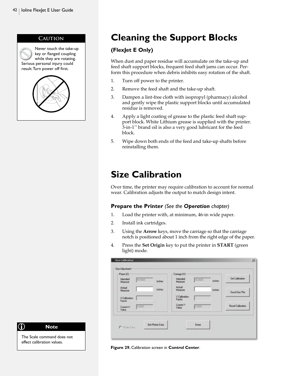 Cleaning the support blocks, Size calibration | HP StudioJet User Manual | Page 40 / 71