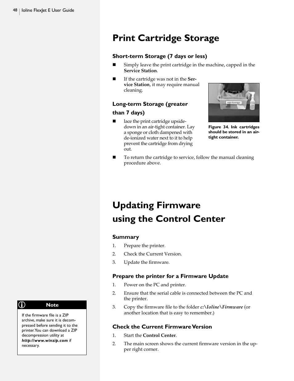 Print cartridge storage, Updating firmware using the control center | HP StudioJet User Manual | Page 46 / 71