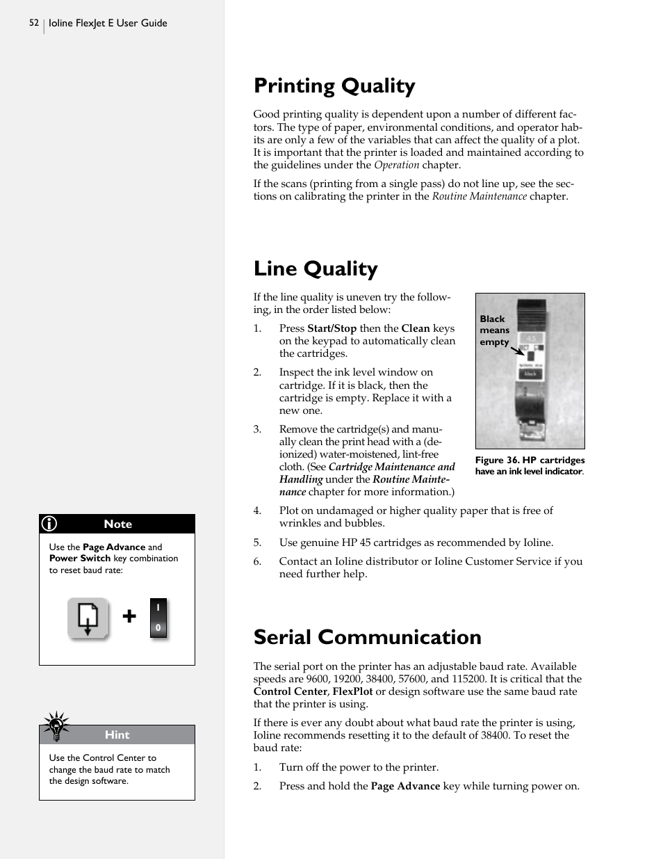 Printing quality, Line quality, Serial communication | HP StudioJet User Manual | Page 50 / 71