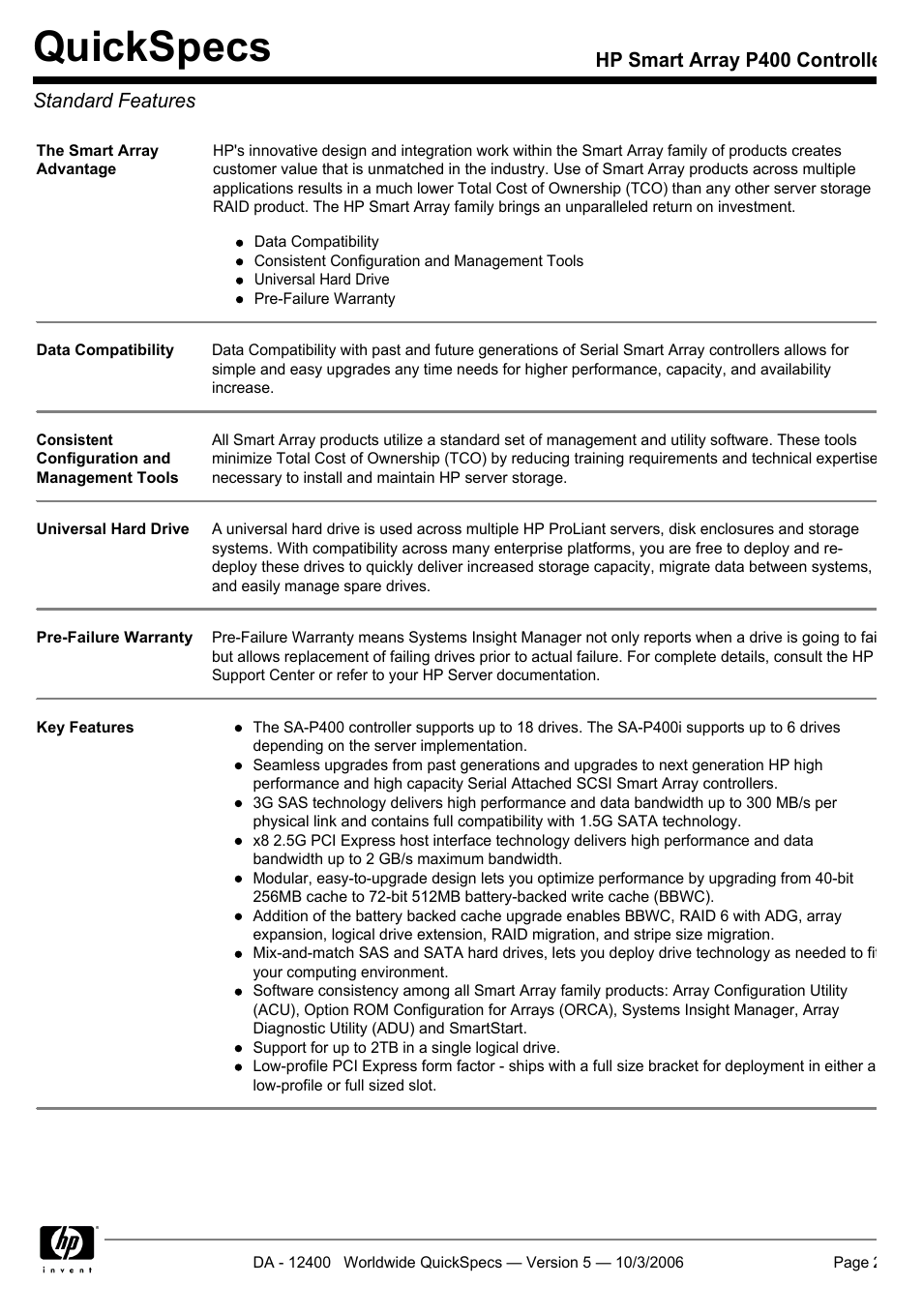 Standard features, Quickspecs | HP P400 Serial User Manual | Page 2 / 9