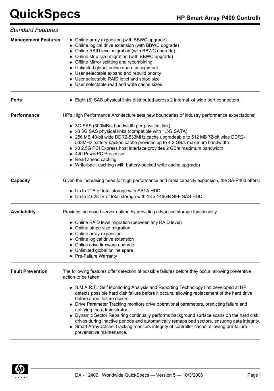 Quickspecs | HP P400 Serial User Manual | Page 3 / 9