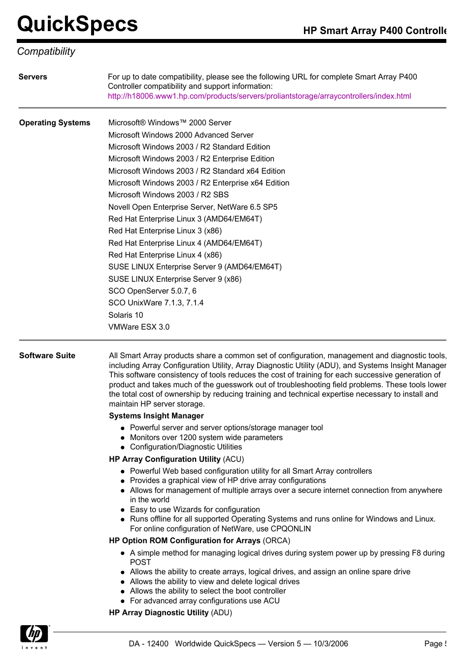 Compatibility, Quickspecs, Hp smart array p400 controller compatibility | HP P400 Serial User Manual | Page 5 / 9