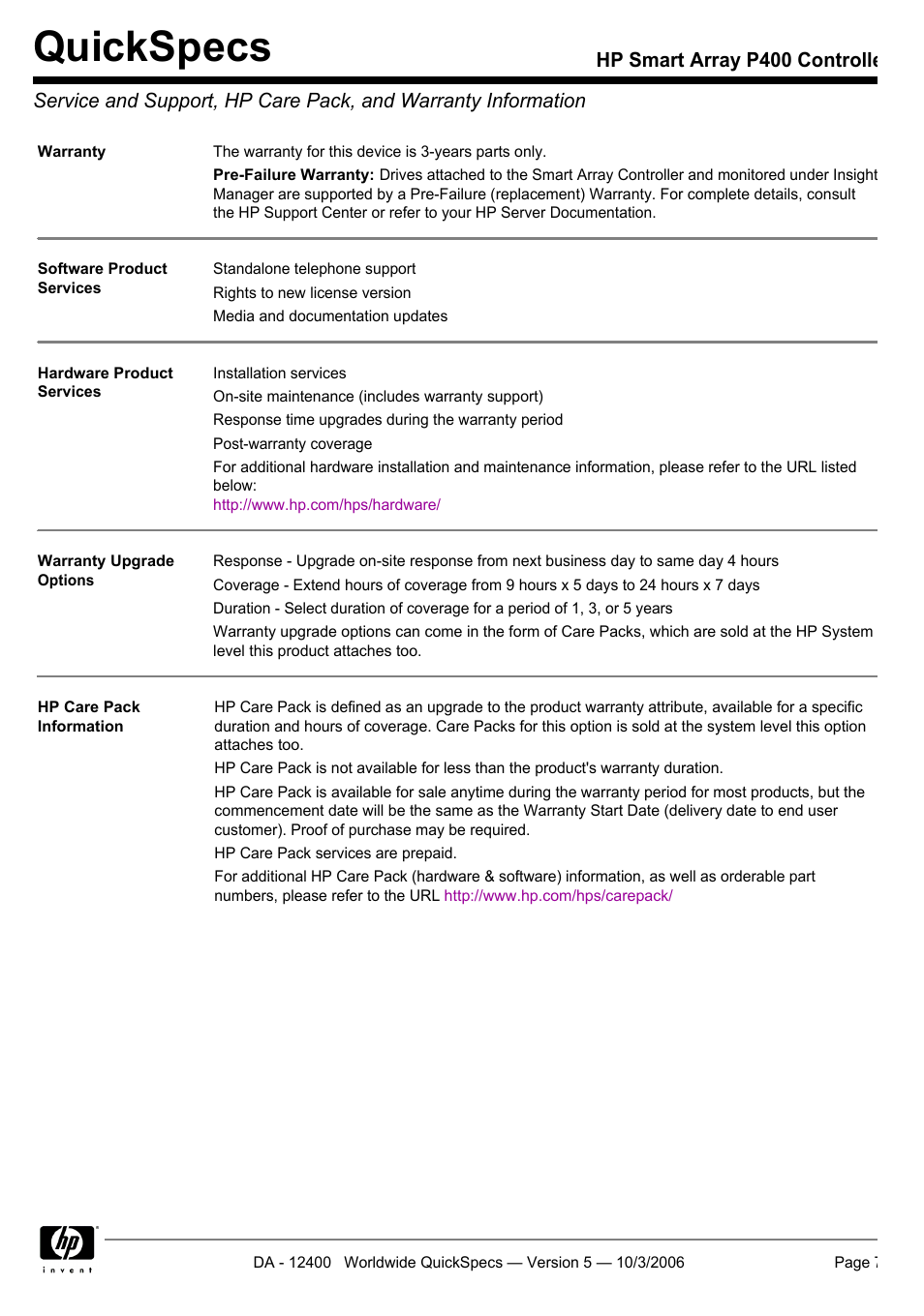 Quickspecs | HP P400 Serial User Manual | Page 7 / 9
