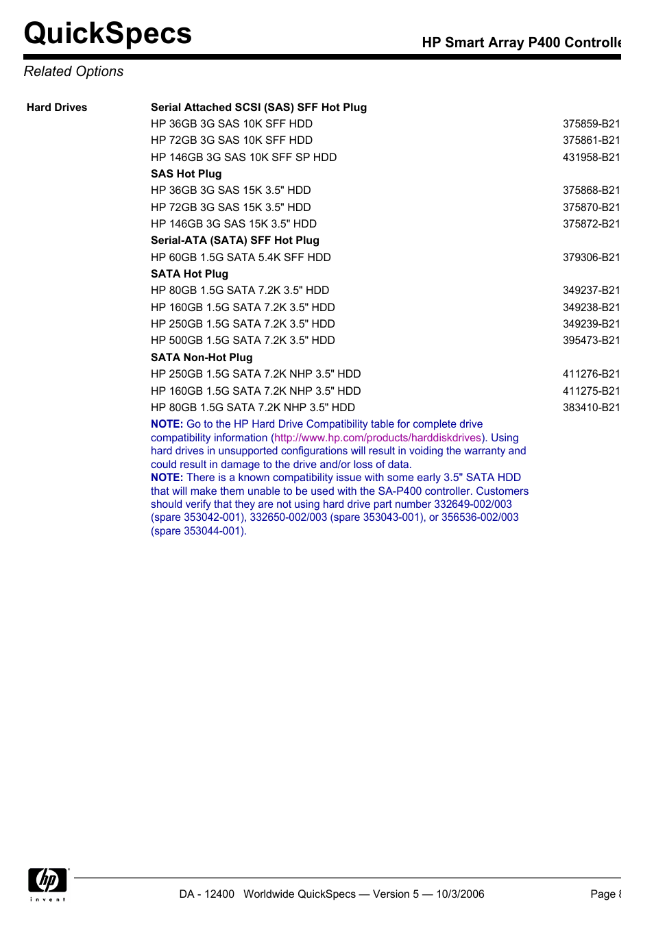 Related options, Quickspecs, Hp smart array p400 controller related options | HP P400 Serial User Manual | Page 8 / 9