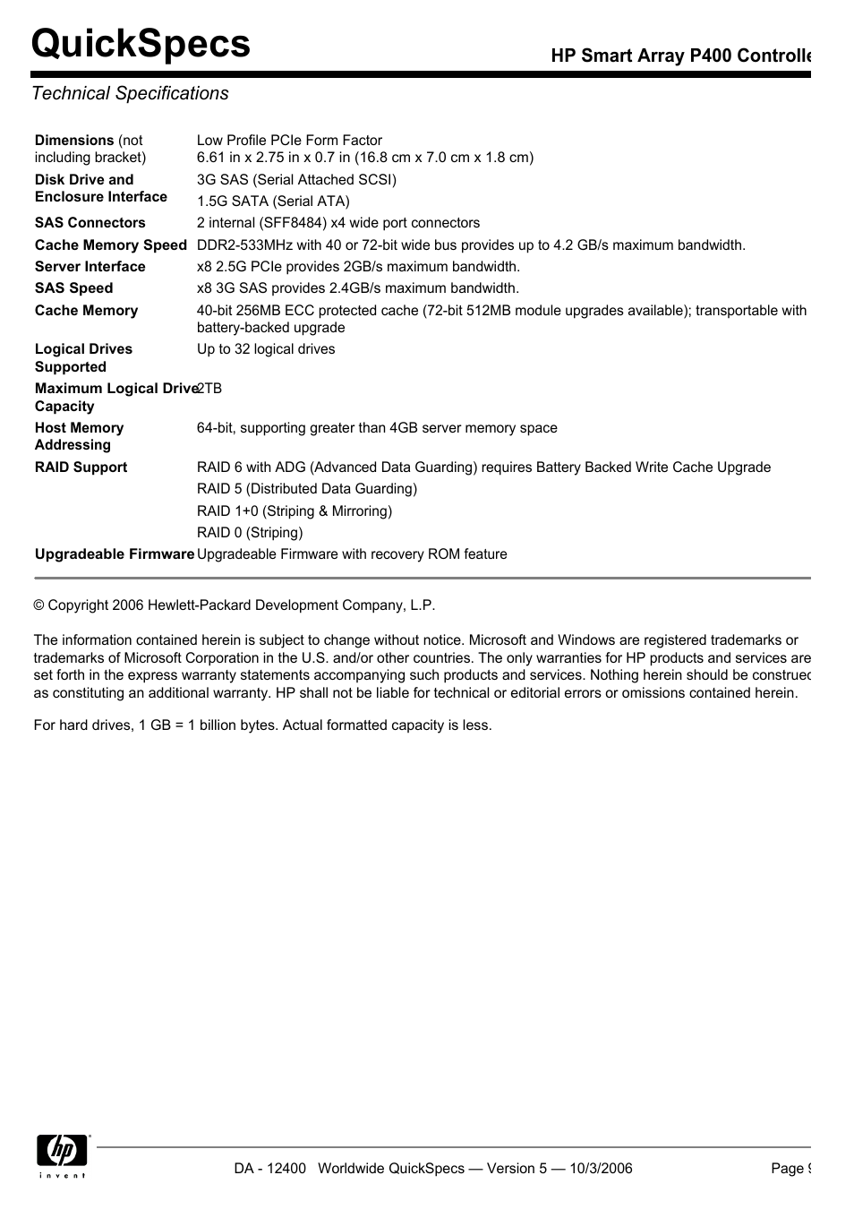 Technical specifications, Quickspecs | HP P400 Serial User Manual | Page 9 / 9