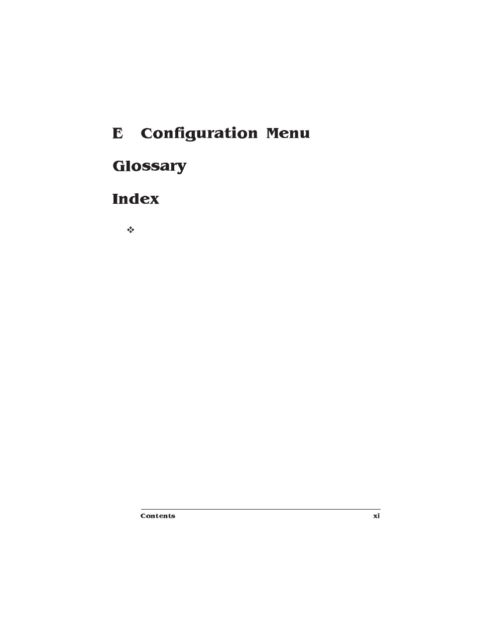 Configuration menu, Glossary, Index | E configuration menu glossary index | HP QMS 1660 User Manual | Page 11 / 306