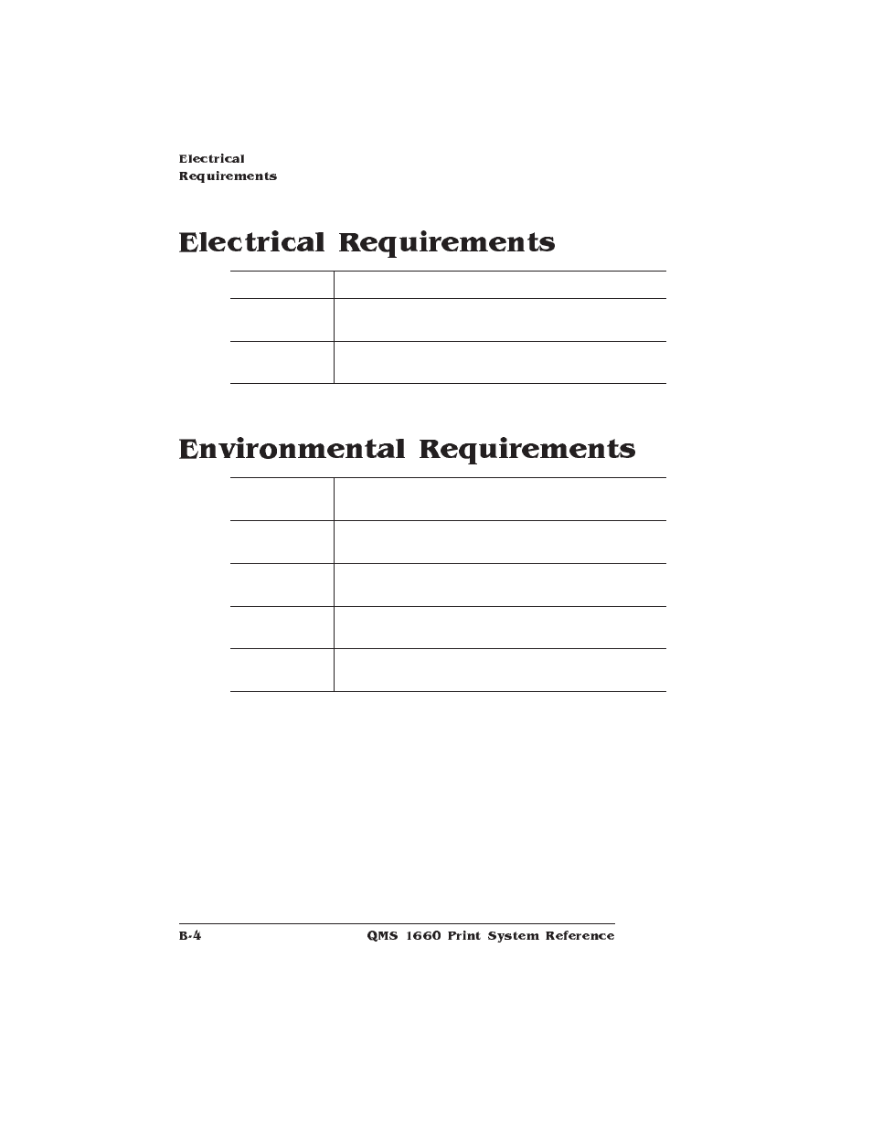 Electrical requirements, Environmental requirements, Electrical and environmental requirements | Electrical requirements environmental requirements | HP QMS 1660 User Manual | Page 226 / 306