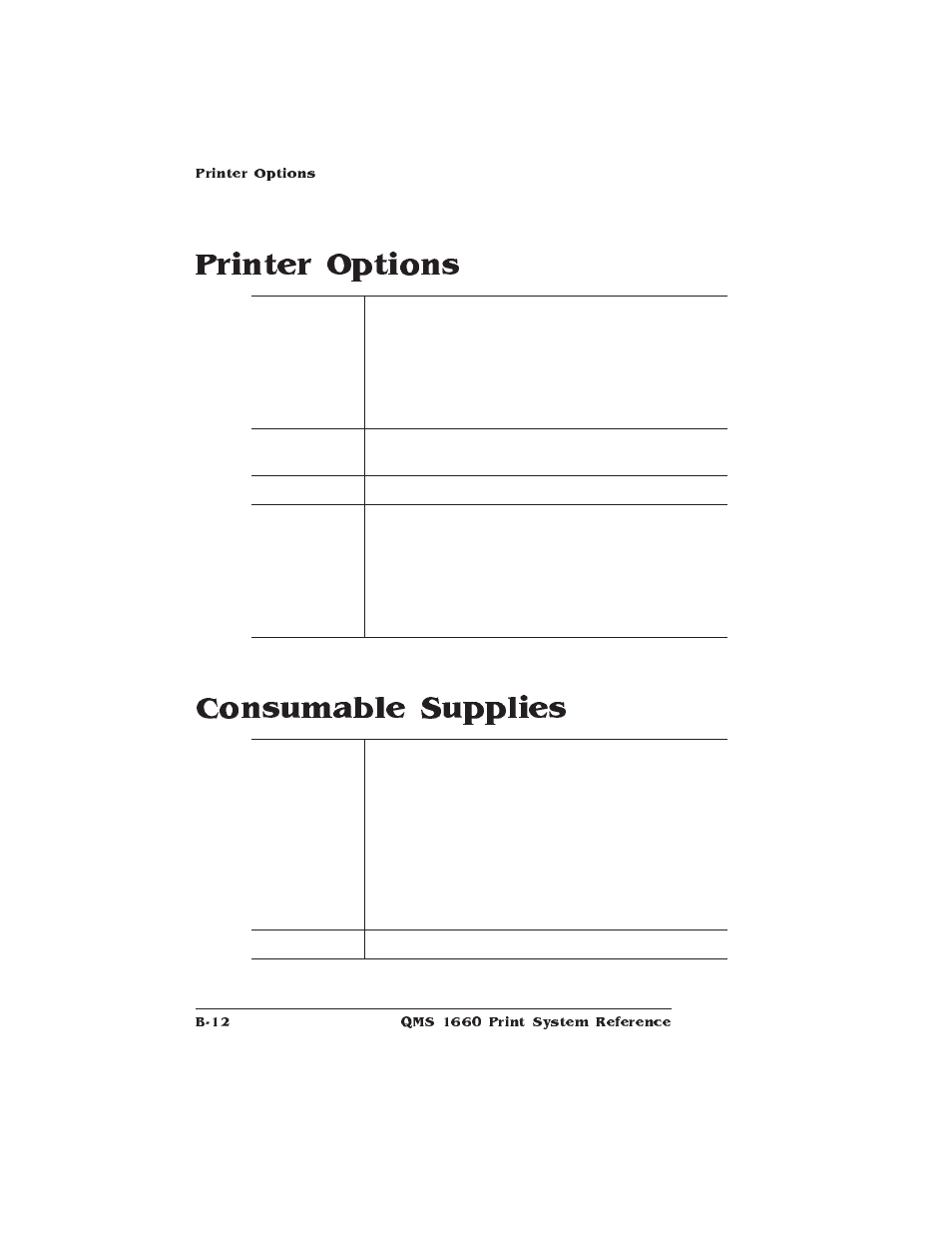 Printer options, Consumable supplies, Printer options and consumables | Printer options consumable supplies | HP QMS 1660 User Manual | Page 234 / 306