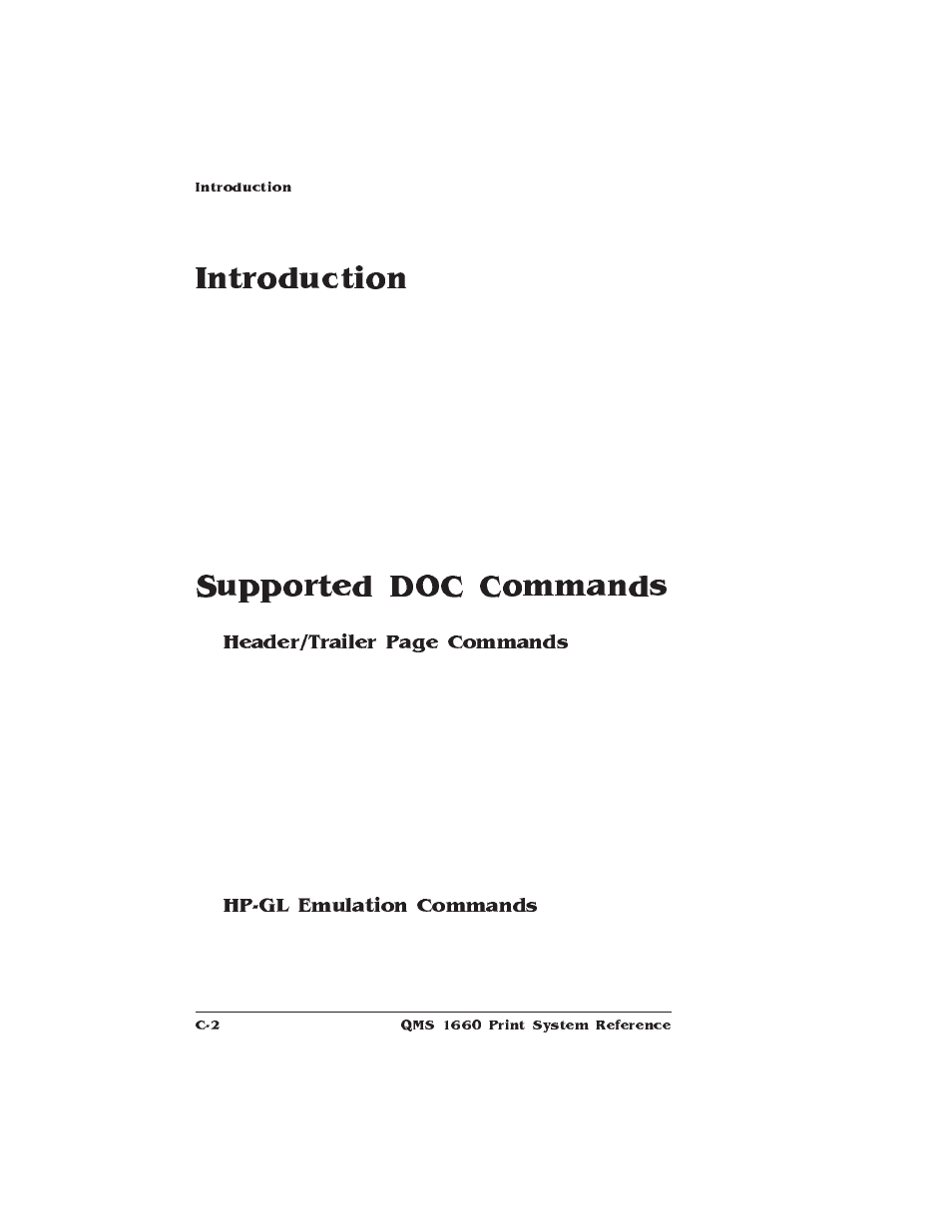 Introduction, Supported doc commands, Hp-gl emulation commands | HP QMS 1660 User Manual | Page 238 / 306