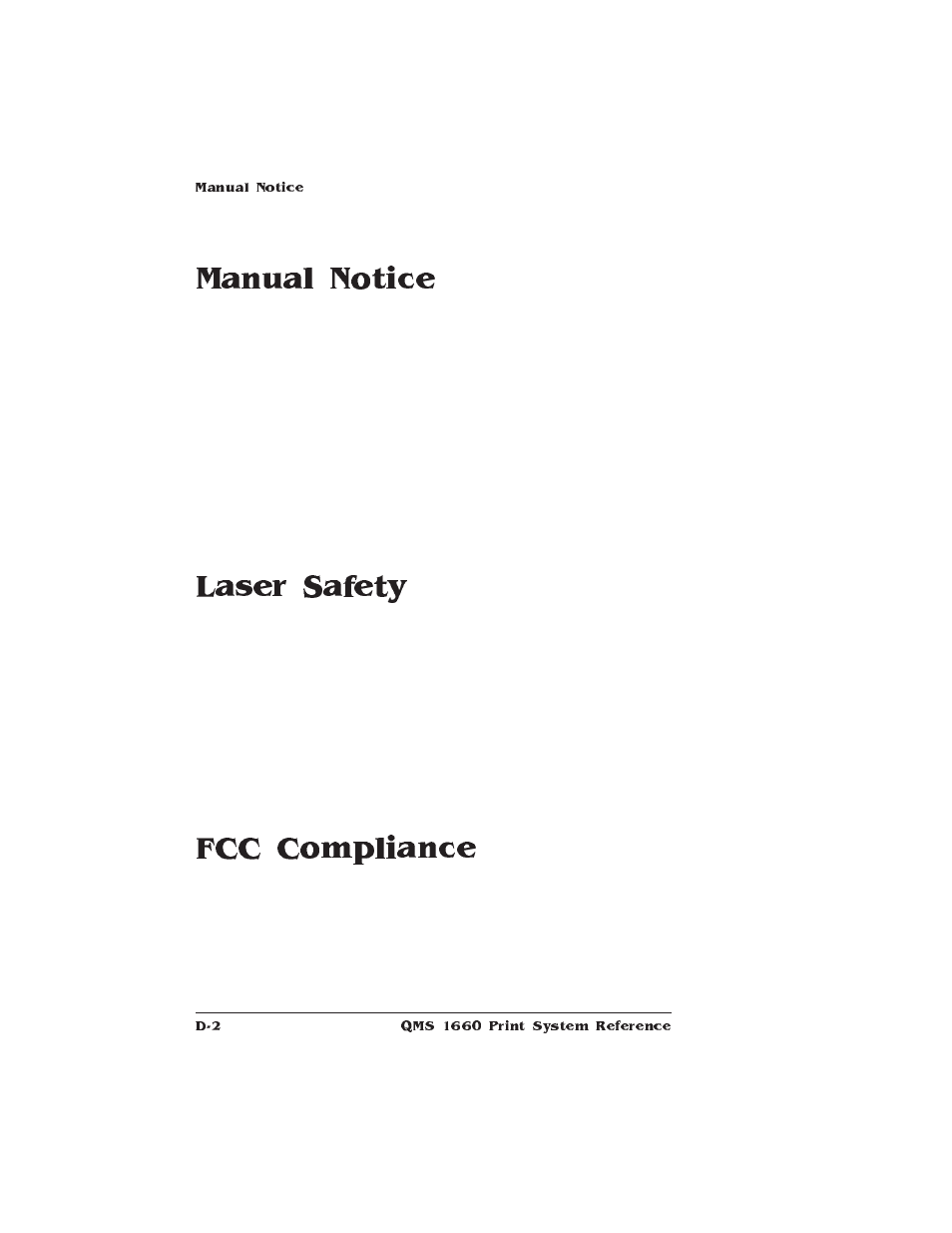 Manual notice, Laser safety, Fcc compliance | Manual notices | HP QMS 1660 User Manual | Page 260 / 306