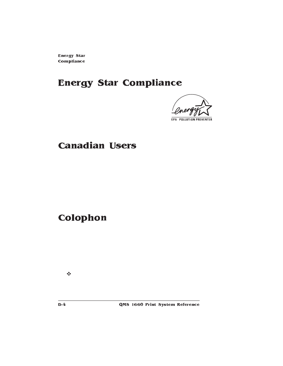 Energy star compliance, Canadian users, Colophon | Canadian notice, Energy star compliance canadian users | HP QMS 1660 User Manual | Page 262 / 306