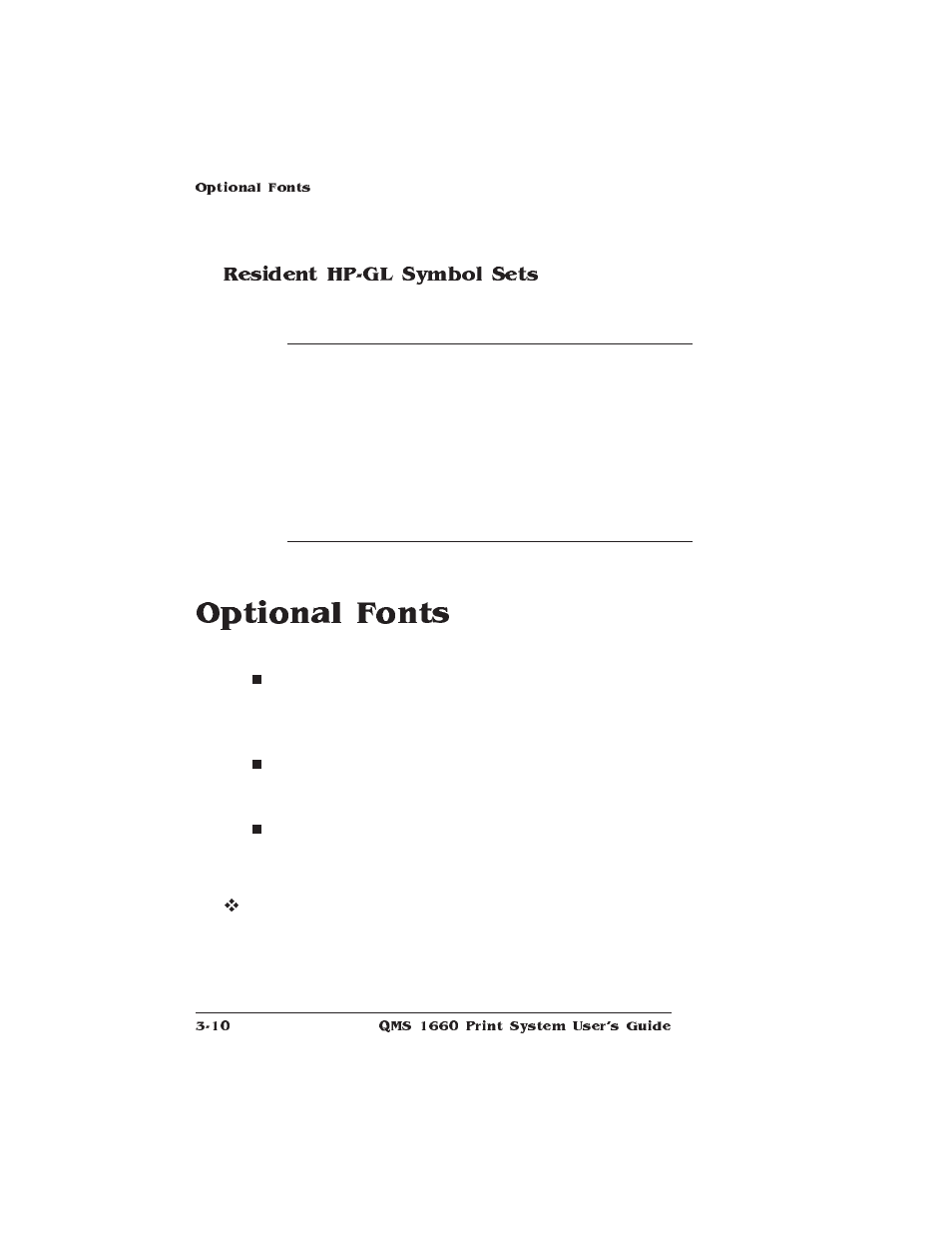 Resident hp-gl symbol sets, Optional fonts | HP QMS 1660 User Manual | Page 32 / 306