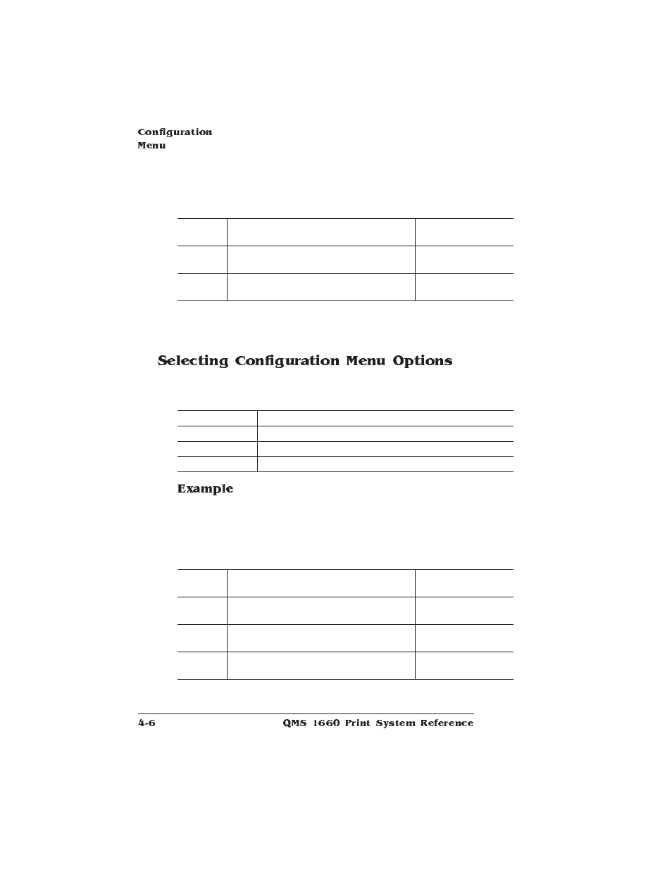 Selecting configuration menu options, Example | HP QMS 1660 User Manual | Page 38 / 306