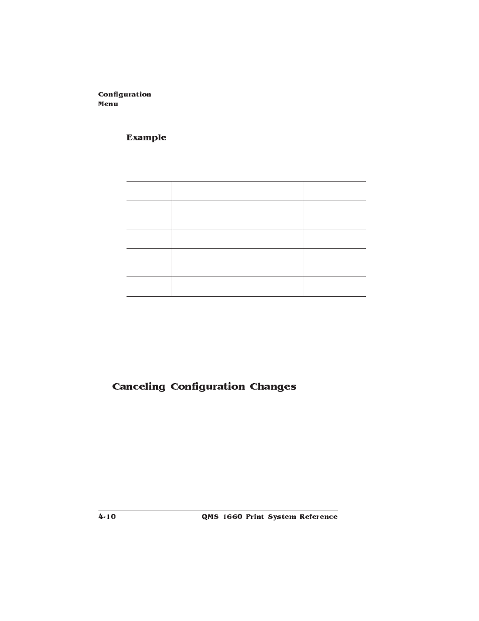 Canceling configuration changes, Example | HP QMS 1660 User Manual | Page 42 / 306