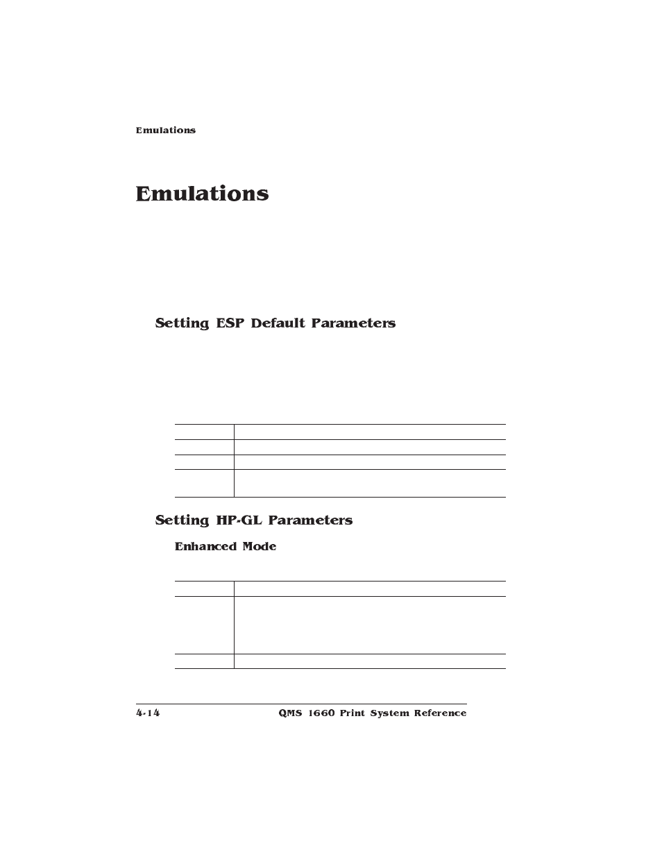 Emulations, Setting esp default parameters, Setting hp-gl parameters | HP QMS 1660 User Manual | Page 46 / 306